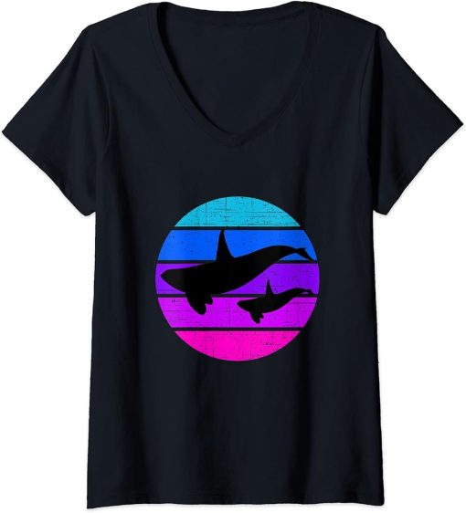 Womens Retro Orca Family Swim V-Neck T-Shirt