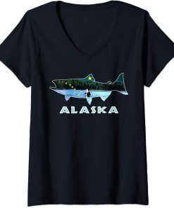 Womens Alaska King Salmon Fishing Vacation State Flag Orca Gift V-Neck T-Shirt