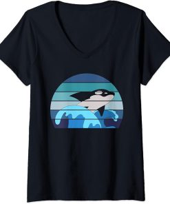 Womens Retro Orca Waves Sea Animal Ocean Diving Gift Killer Whale V-Neck T-Shirt