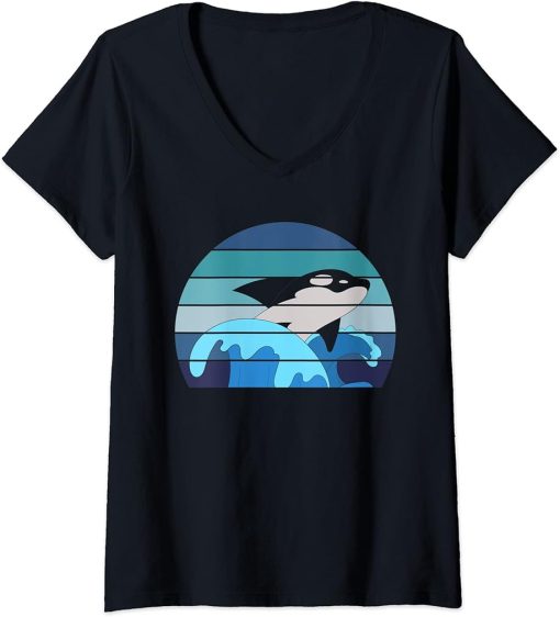 Womens Retro Orca Waves Sea Animal Ocean Diving Gift Killer Whale V-Neck T-Shirt